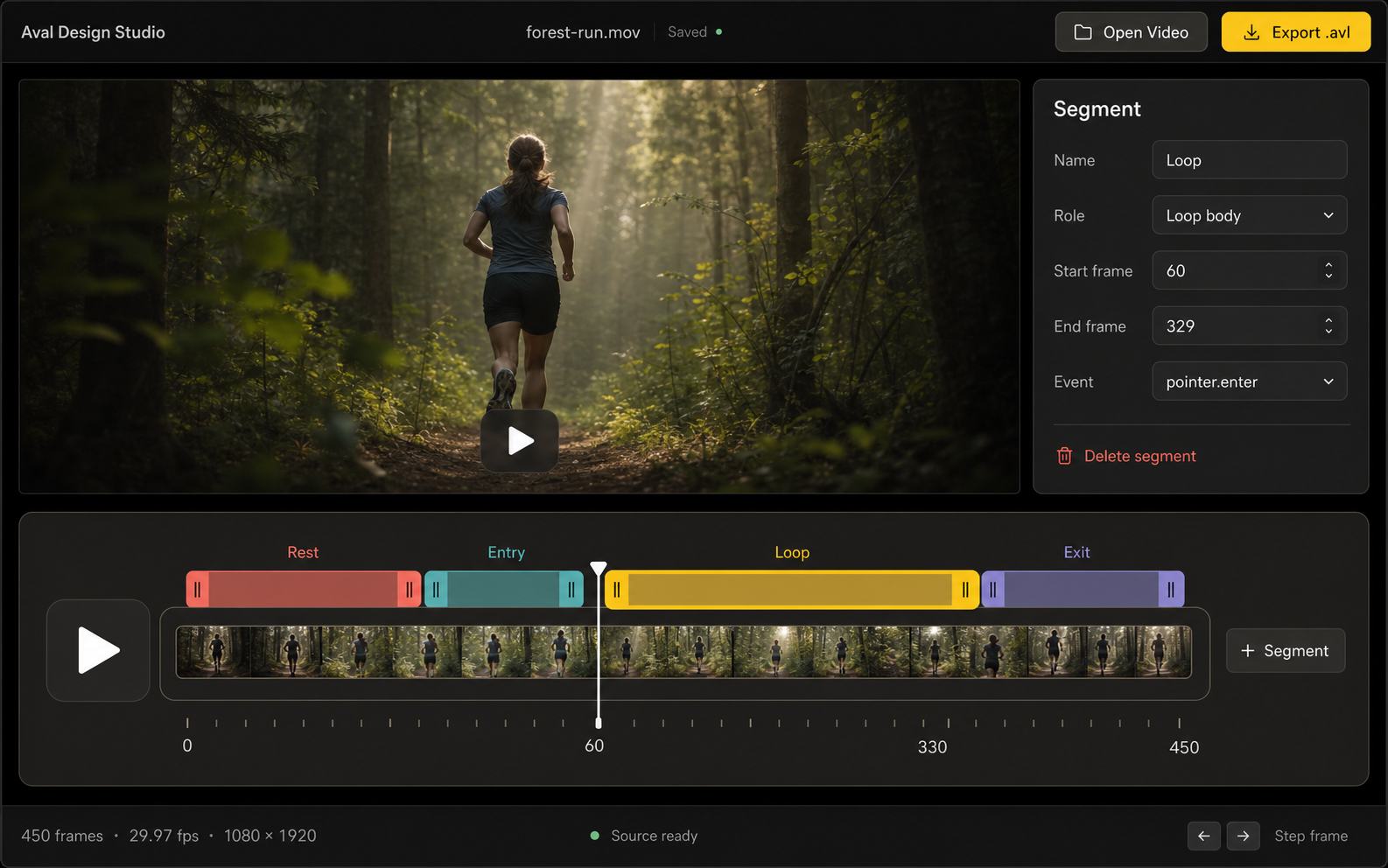 AVAL Design Studio editor showing a source video, semantic timeline regions, frame controls, and a segment inspector.